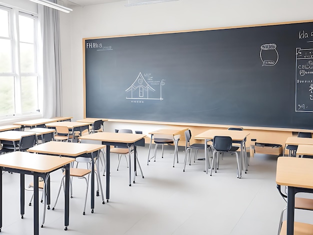 Photo school classroom with chairs desks and chalkboard without student