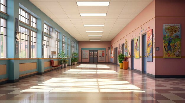 A photo of a school hallway featuring framed oil artwork