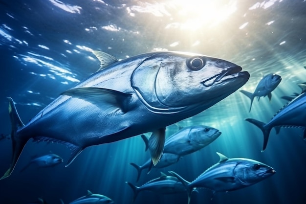 Photo school of sea fish are swimming to water surface