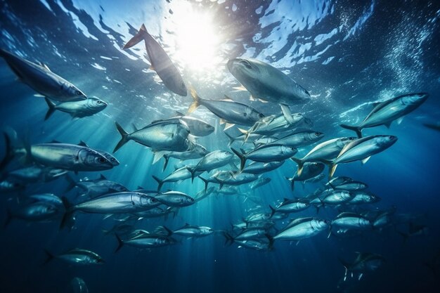 Foto foto di un branco di pesci marini che nuotano verso la superficie dell'acqua