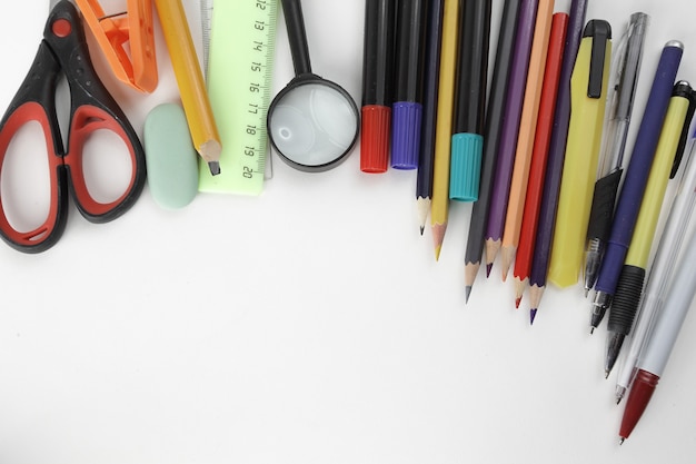 Photo of school supplies and place for text on white background