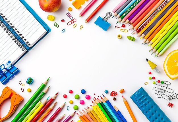 Photo of school supplies stationery educational items on white background