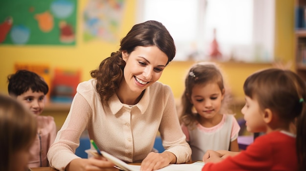 Foto foto di un insegnante di scuola con studenti in classe che studiano