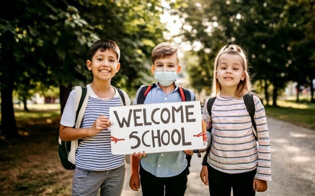 Photo photo schoolboy in a protective mask from the virus with a sign in his hands stands on