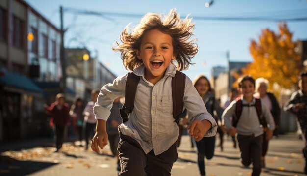 Photo of a schoolyard full of children and a little boy running around during recess Generative AI