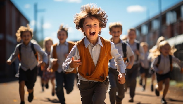 Photo of a schoolyard full of children and a little boy running around during recess Generative AI