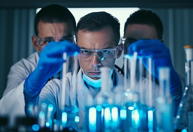 Photo of scientist lab researchers working in modern lab with laboratory items