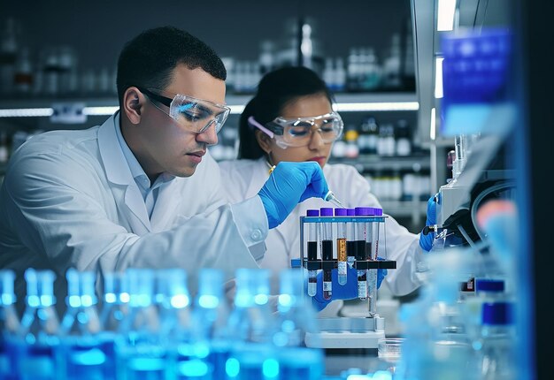 Photo of scientist lab researchers working in modern lab with laboratory items