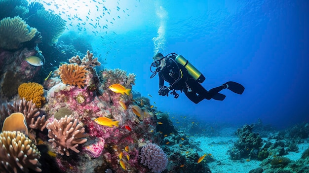 A photo of a scuba diver exploring a coral reef