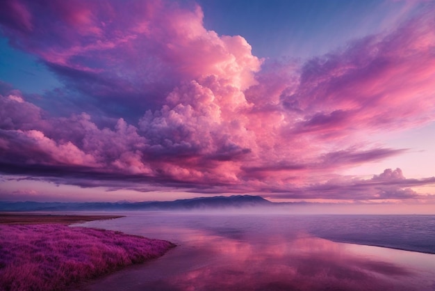 Фото море под облачным небом во время захватывающего красочного захода солнца