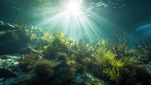 太陽が水面に輝いている海底の写真