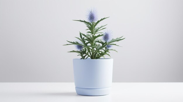 Photo of Sea Holly flower in pot isolated on white background