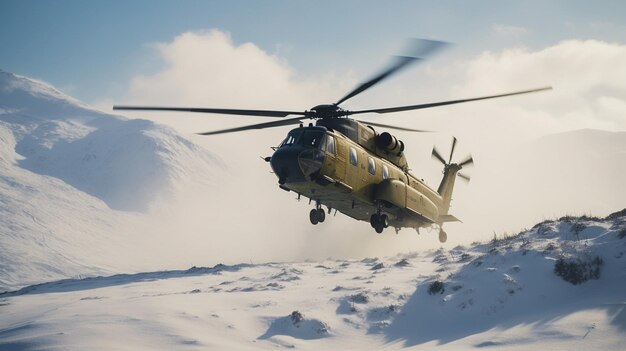 Photo of sea king military helicopter landing on the mountains