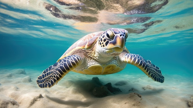 A photo of a sea turtle swimming sandy ocean floor