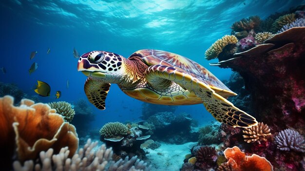 Photo sea turtle swims along coral reefs underwater world