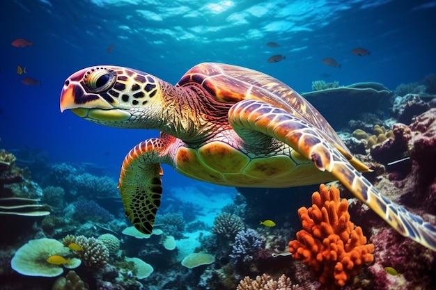 photo sea turtle under water natural sea life with corals