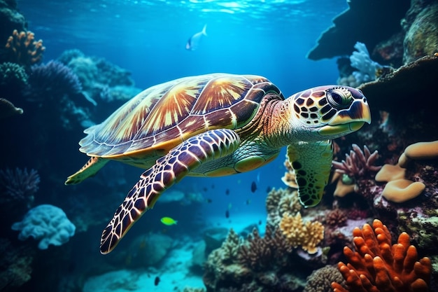 海のカメの写真 水中の自然海洋生物とサンゴ