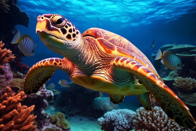 Photo photo sea turtle under water natural sea life with corals