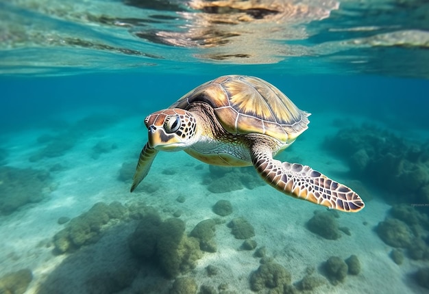 Photo of sea turtles turtle underwater on the beach sand with baby turtle