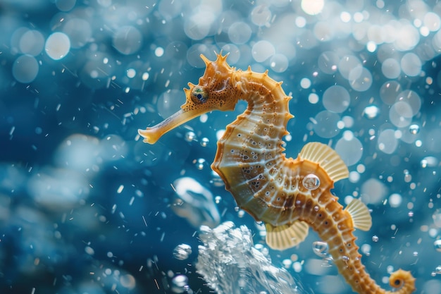 Photo photo of a seahorse floating under water in the sea splashing