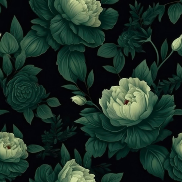 Photo seamless pattern with dark green flowers