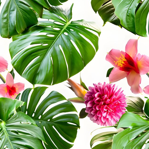 Photo photo seamless pattern with tropical leaves and flowers on a white background 4