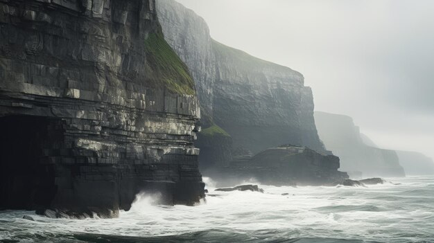 A photo of a seascape with a rugged cliff crashing waves