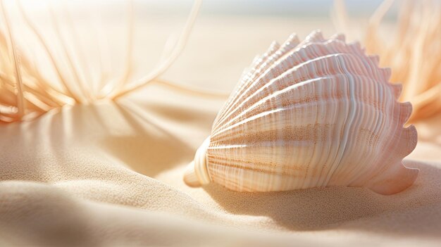 A photo of a seashell with intricate spirals sandy beach backdrop