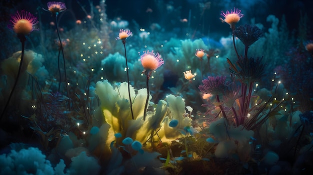 A photo of a seaweed with a blue background and a glowing light.