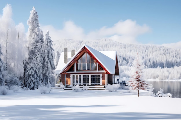 Photo of Secluded cabin in a snowy landscape peaceful landscape