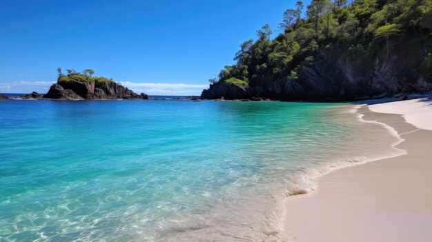 A photo of a secluded cove crystal clear water bright midday sun