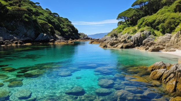 A photo of a secluded cove with crystal clear water bright sunshine