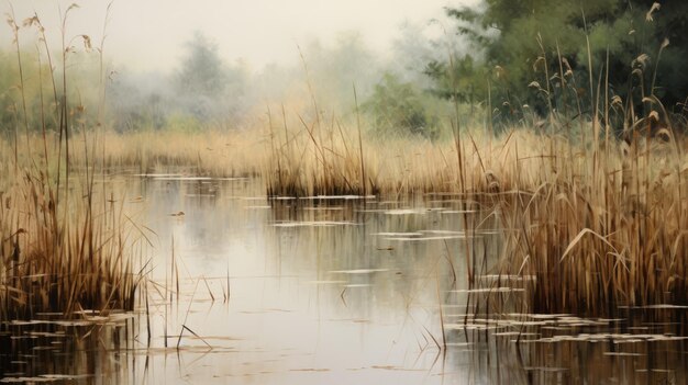 A photo of a secluded pond with reeds soft overcast light