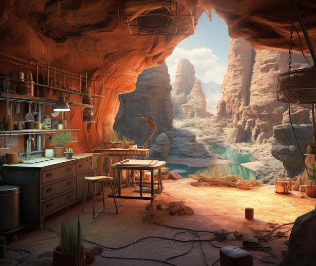 Photo the secret lab in the canyon 3d rendering