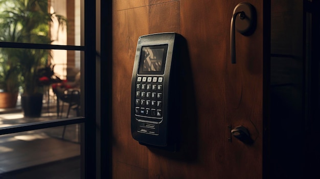 A photo of a security keypad at a residential entrance