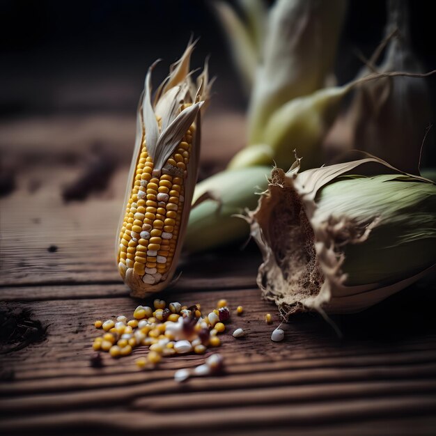 Photo Seeds and Sweet Corn on Wooden Table Food Photography