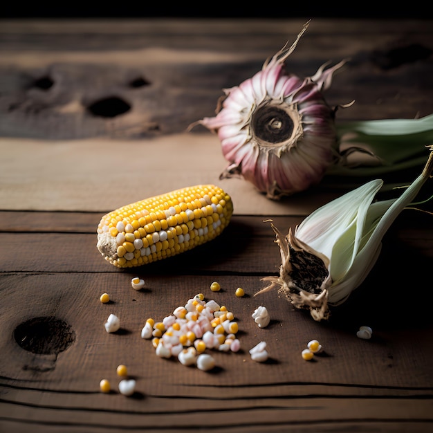 写真の種子と木製のテーブルのスイート コーン食品の写真