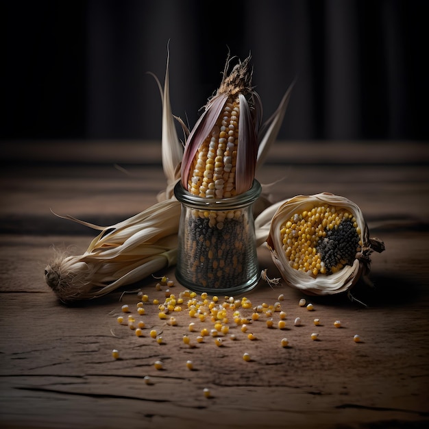 Photo Seeds and Sweet Corn on Wooden Table Food Photography