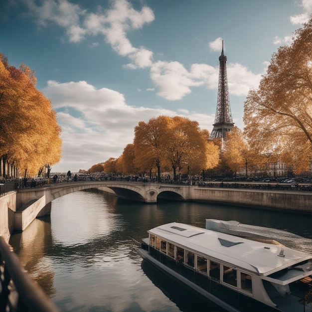 Photo seine in Paris with Eiffel Tower in autumn season in Paris France wallpaper