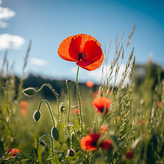 photo selective focus shot of a red poppy growing in the middle of a greenfield under the clear sky