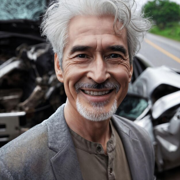 photo of senior man happy smiling with car crash accident generative AI