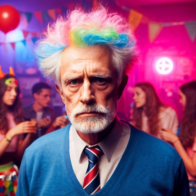 photo of senior man at the teenage colorful house night party generative AI