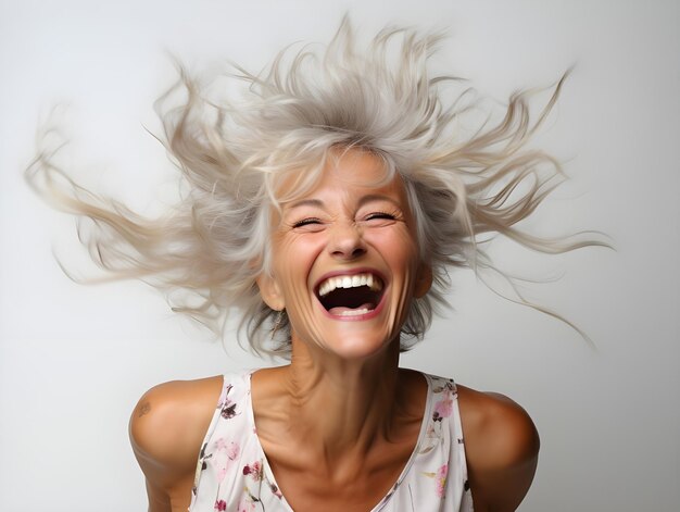 Foto foto di una vecchia anziana che celebra il successo ed esprime felicità con un grande sorriso sul viso
