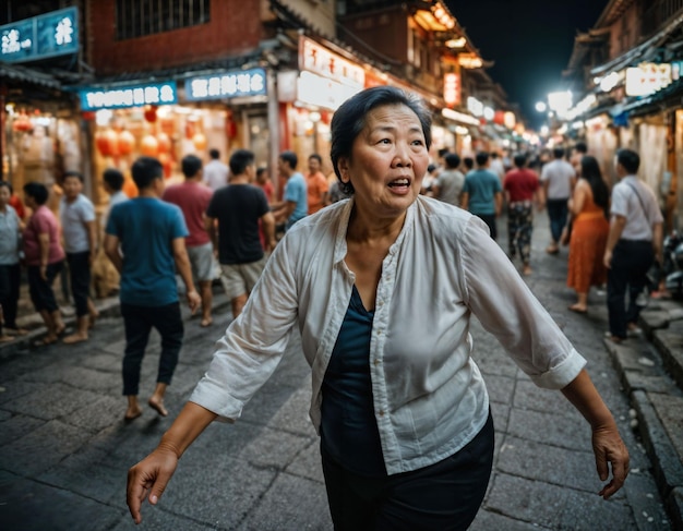 Photo photo of senior old woman with angry mood in china local street market at night generative ai