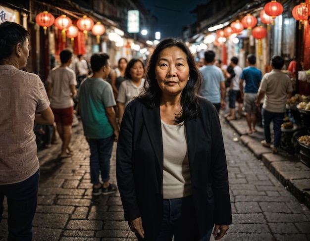 Photo photo of senior old woman with friends in china local street market at night generative ai