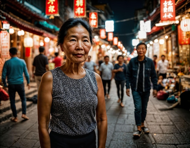 photo of senior old woman with friends in china local street market at night generative AI