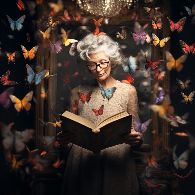 photo senior woman holding a book with magical butterflies