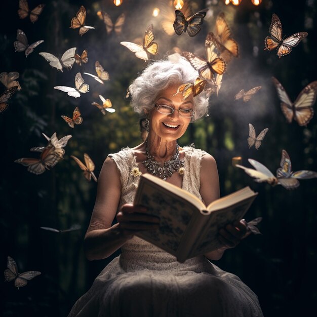 photo senior woman holding a book with magical butterflies