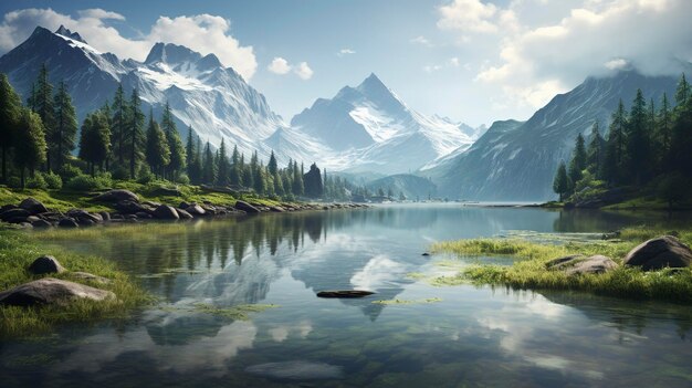 A photo of a serene alpine lake surrounded by mountain
