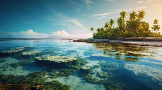 A photo of a serene atoll with shallow reefs lush green vegetation